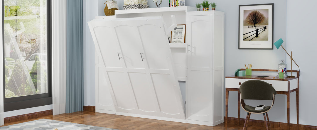 Queen Size Murphy Bed with 2 Wardrobe and Storage Shelf, Multifunctional Foldable Platform Bedframe for Guest-Room, Bedroom, White
