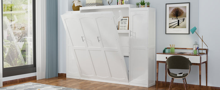 Queen Size Murphy Bed with 2 Wardrobe and Storage Shelf, Multifunctional Foldable Platform Bedframe for Guest-Room, Bedroom, White