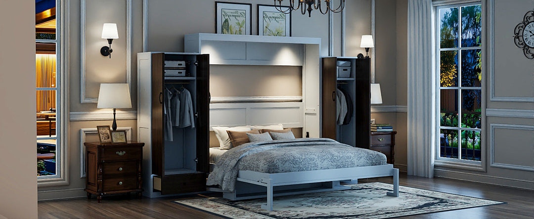 Queen Size Murphy Bed Wall Bed with Closet ,Drawers and Table,White