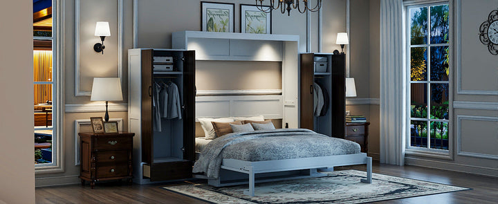 Queen Size Murphy Bed Wall Bed with Closet ,Drawers and Table,White