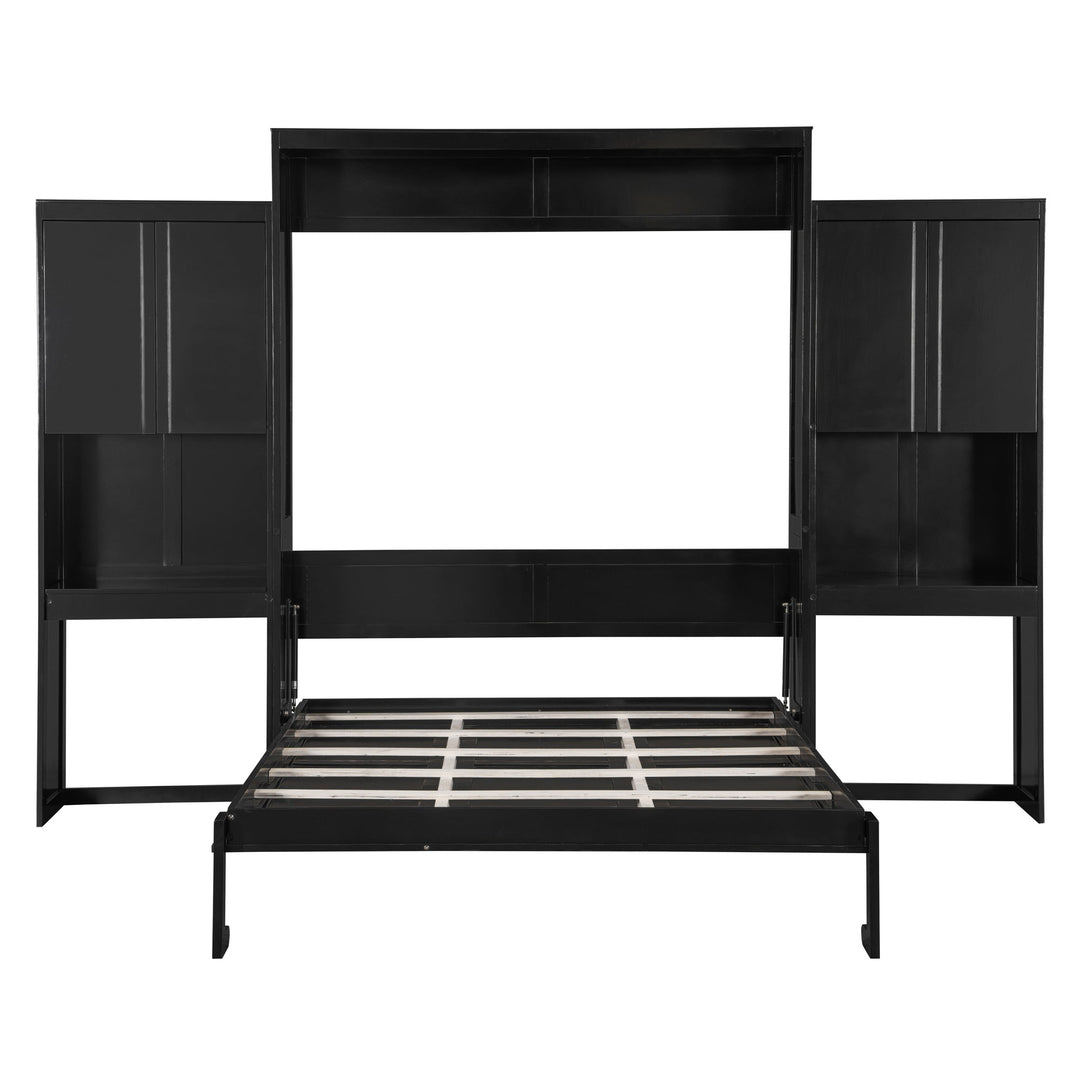 Queen Size Murphy Bed with Desk, Vanity and Cabinets, Espresso