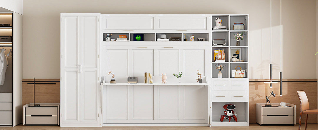 Queen Size Murphy Bed Wall Bed with Closet , Drawers and Shelves, White