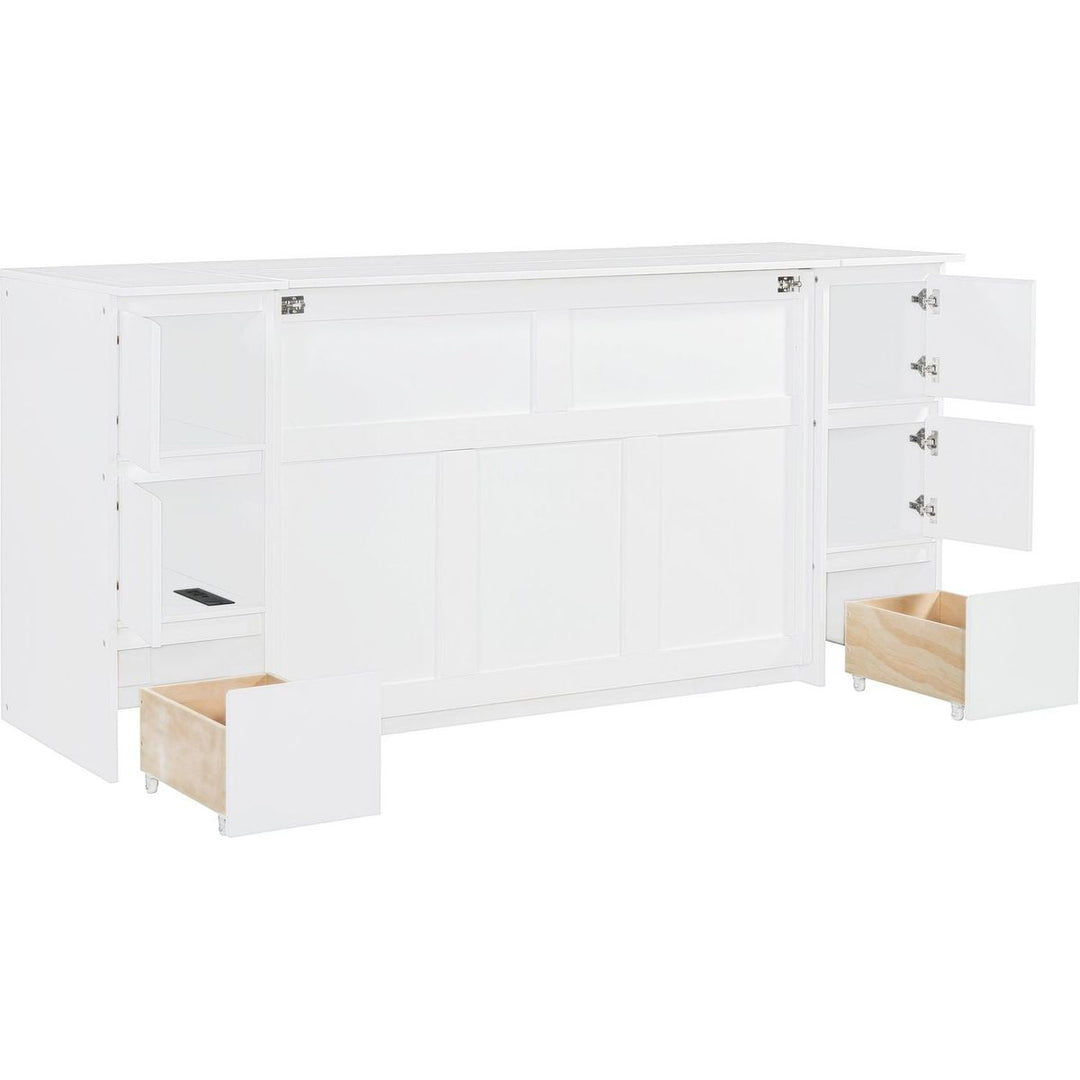 Full Size Murphy Bed with Drawers, Cabinets and USB Ports,White