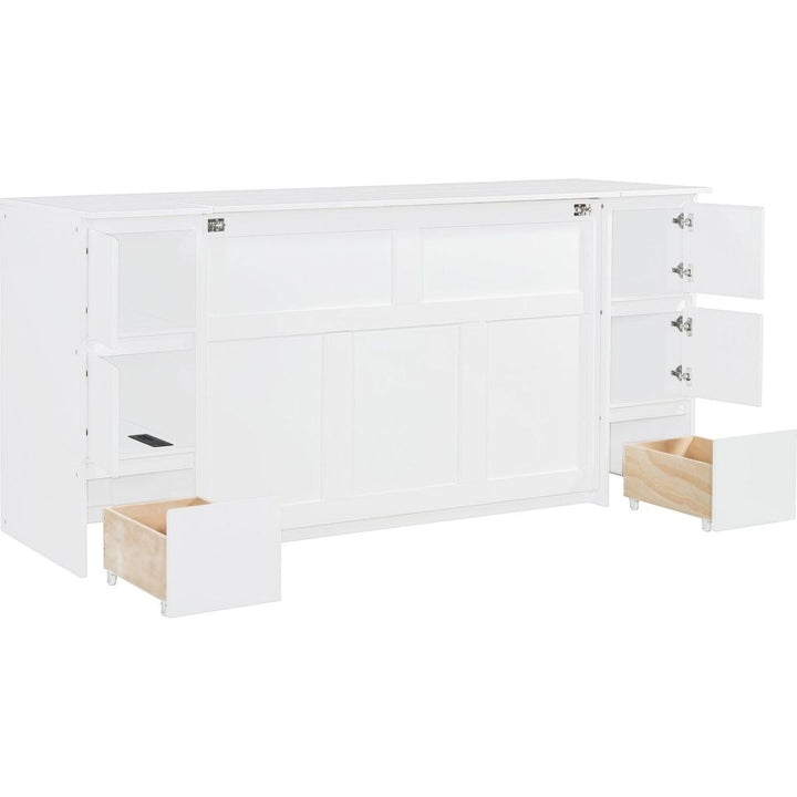 Full Size Murphy Bed with Drawers, Cabinets and USB Ports,White