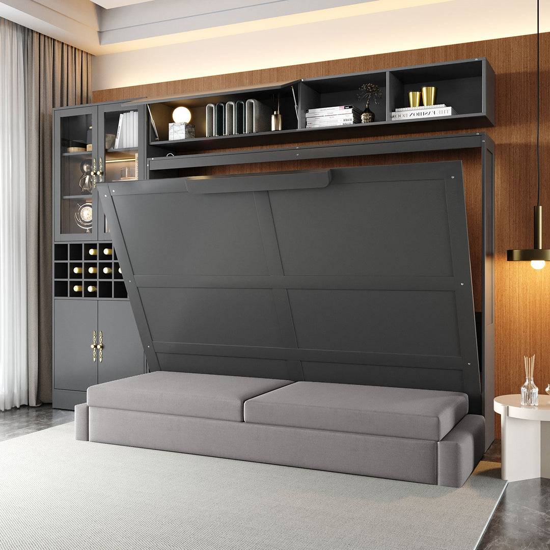 Queen Size Murphy Bed Wall Bed with Sofa , Shelves USB & Light ,Gray