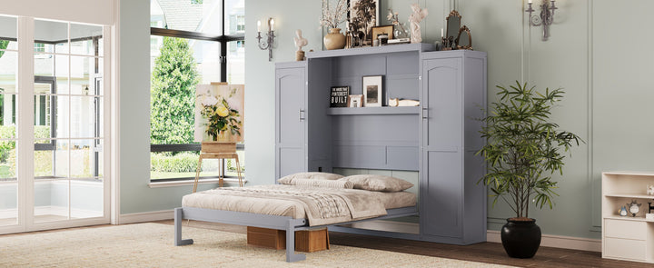 Full Size Murphy Bed, Wooden Full Wall Bed with 2 Wardrobe and Storage Shelf, Multifunctional Foldable Platform Bedframe for Guest-Room, Bedroom, Gray