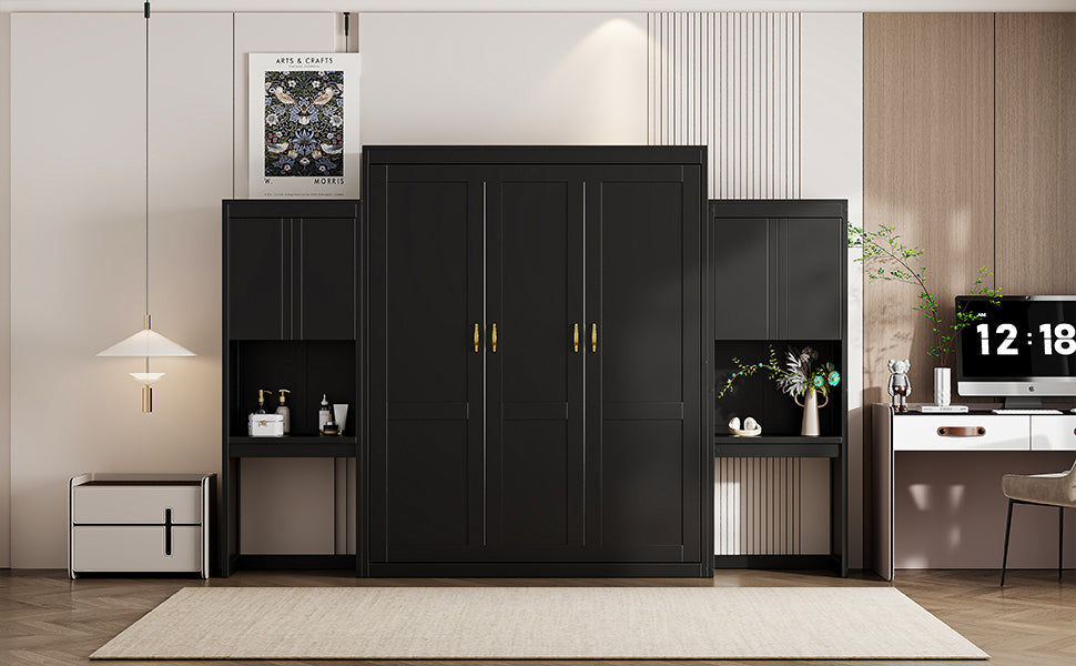 Queen Size Murphy Bed with Desk, Vanity and Cabinets, Espresso