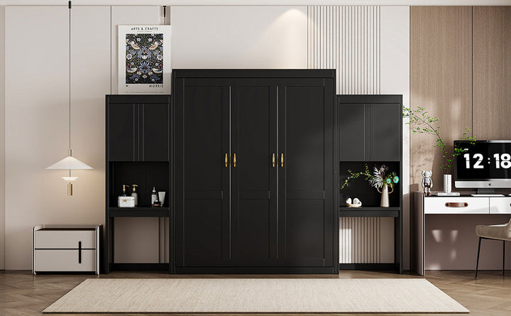 Queen Size Murphy Bed with Desk, Vanity and Cabinets, Espresso
