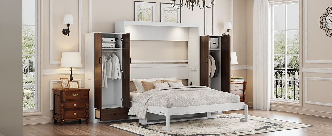 Queen Size Murphy Bed Wall Bed with Closet ,Drawers and Table,White