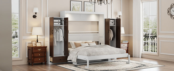 Queen Size Murphy Bed Wall Bed with Closet ,Drawers and Table,White