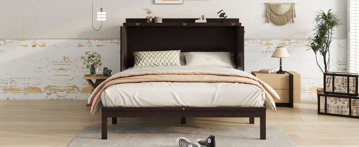 Queen Size Murphy Bed, Pine Wood Cabinet Bed with Power Station and Rattan Decoration Panel,Espresso