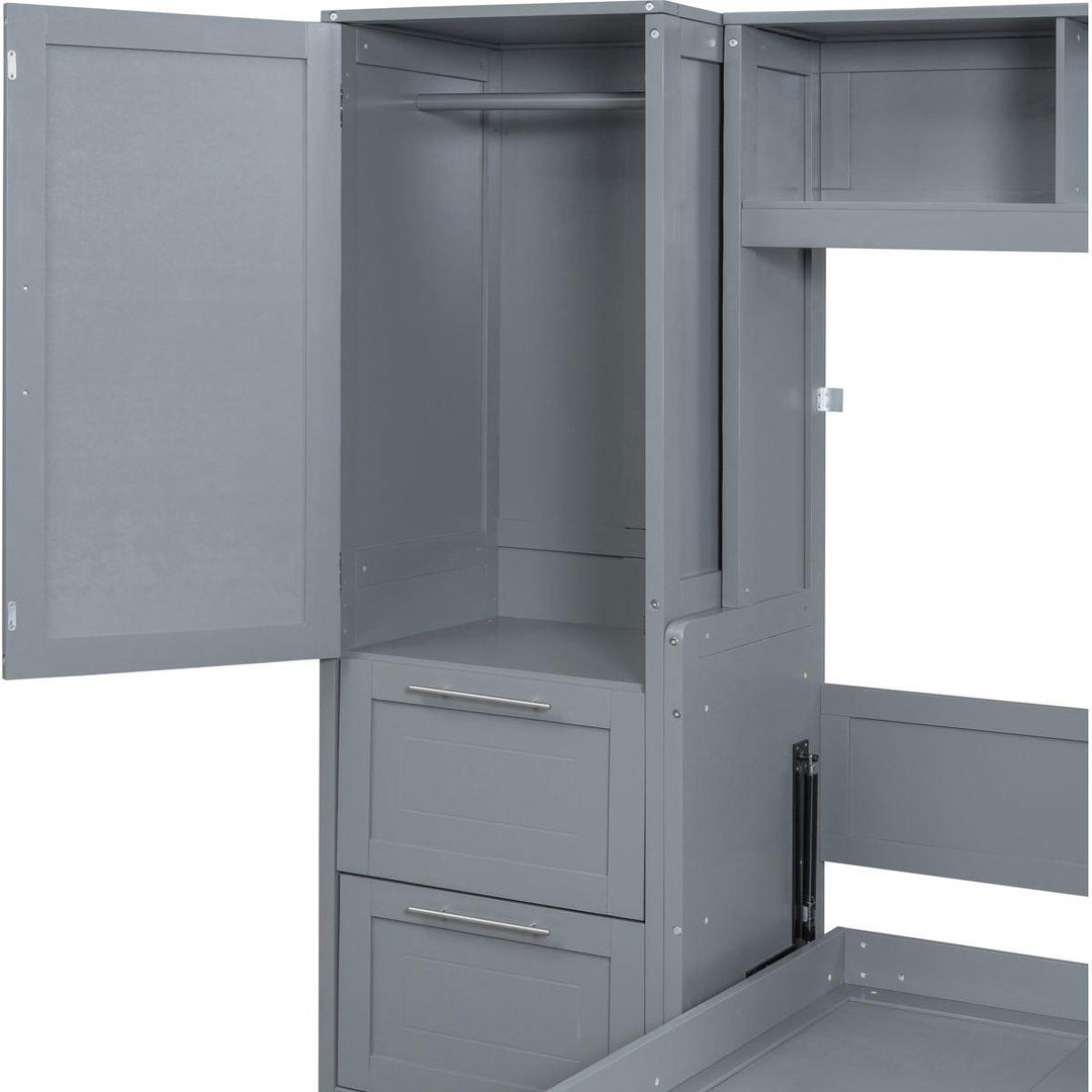 Full Size Murphy Bed Wall Bed with Closet and Drawers,Gray