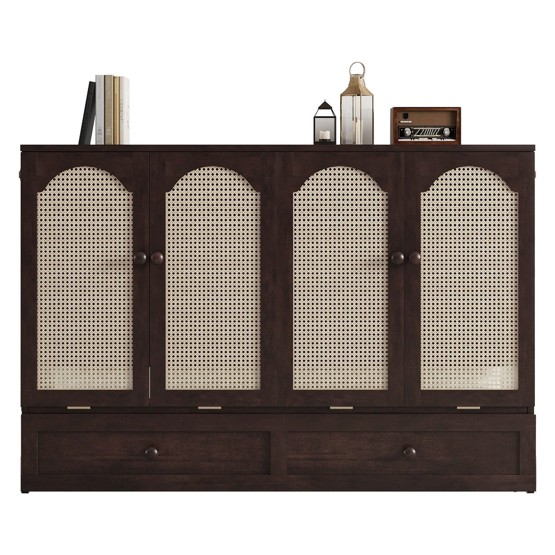 Queen Size Murphy Bed, Pine Wood Cabinet Bed with Power Station and Rattan Decoration Panel,Espresso