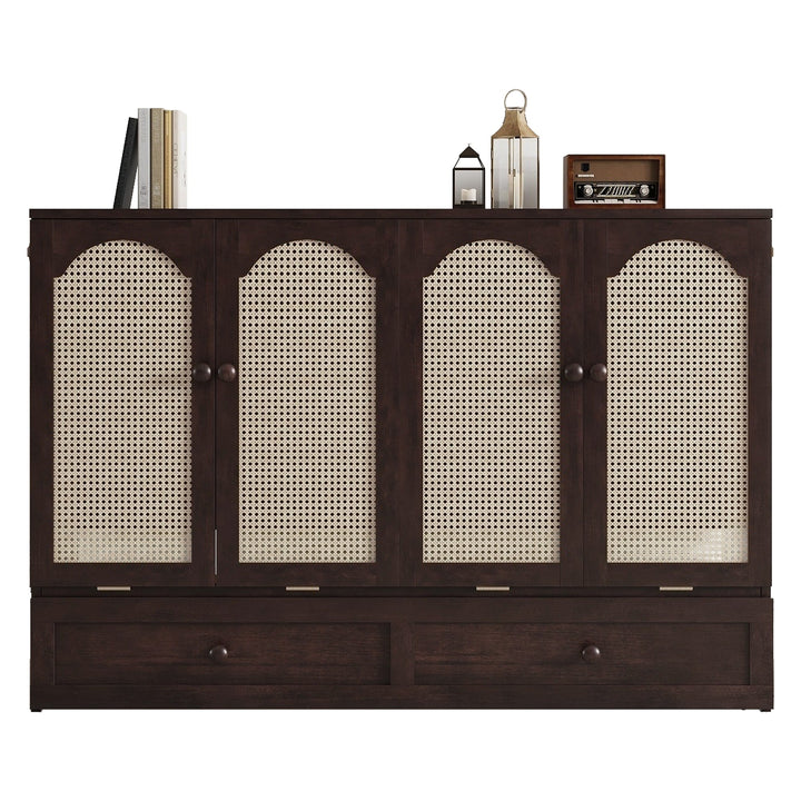 Queen Size Murphy Bed, Pine Wood Cabinet Bed with Power Station and Rattan Decoration Panel,Espresso