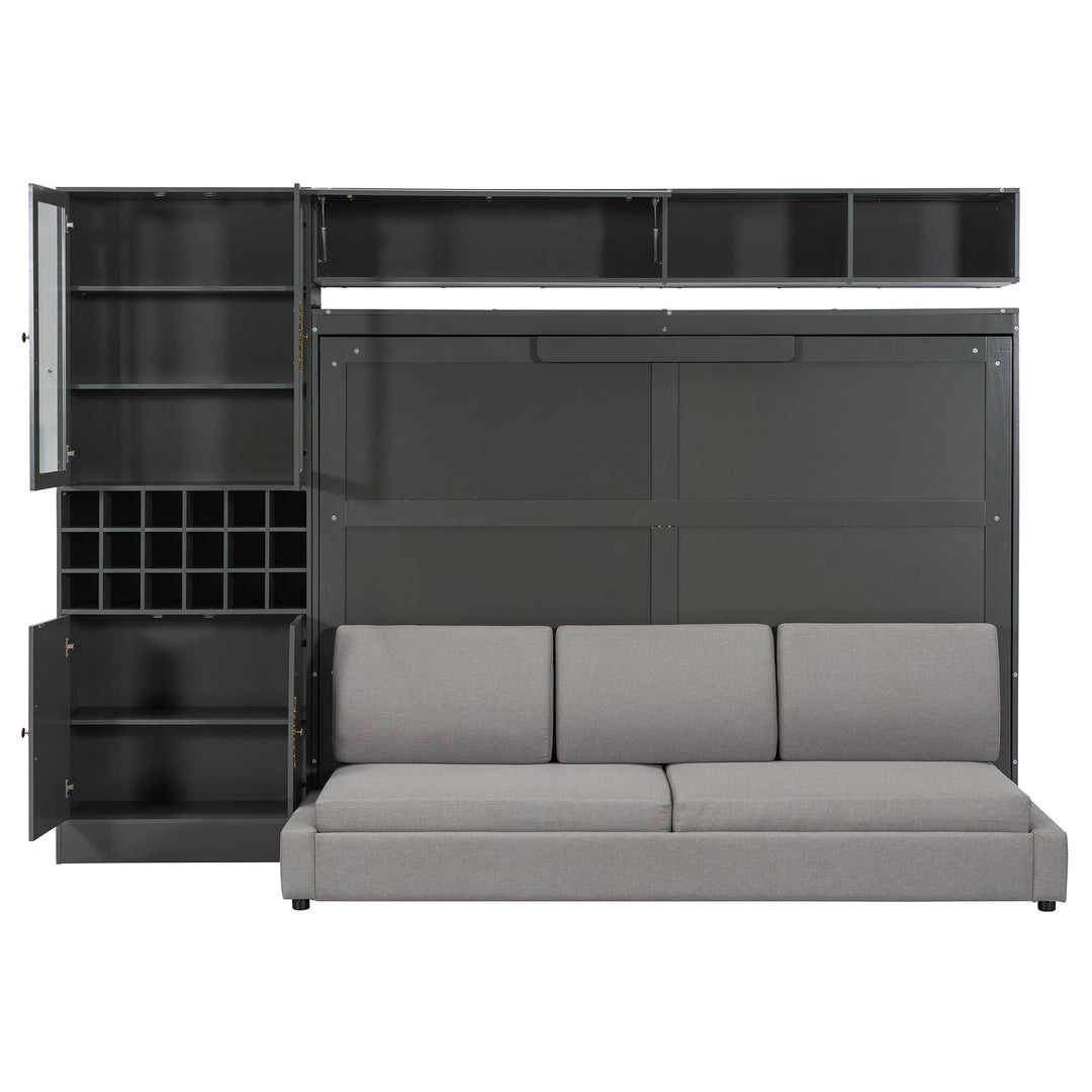 Queen Size Murphy Bed Wall Bed with Sofa , Shelves USB & Light ,Gray