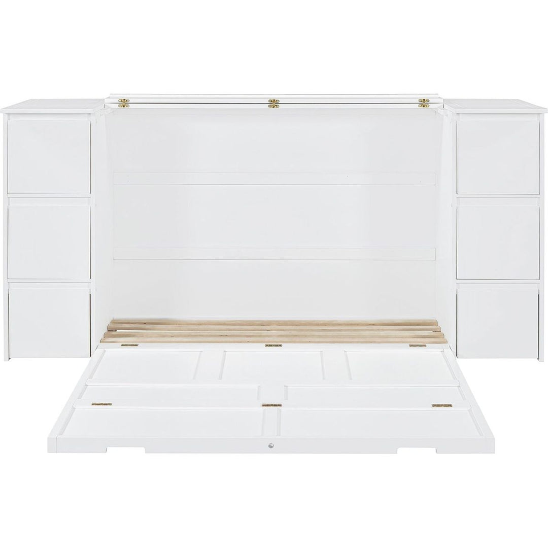 Full Size Murphy Bed with Drawers, Cabinets and USB Ports,White