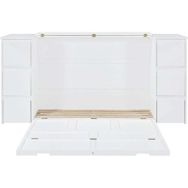 Full Size Murphy Bed with Drawers, Cabinets and USB Ports,White