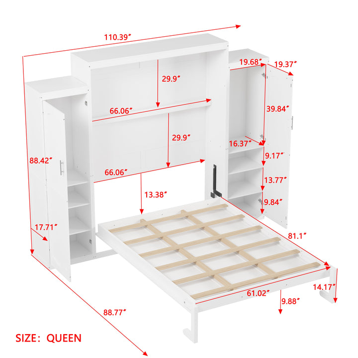Queen Size Murphy Bed with 2 Wardrobe and Storage Shelf, Multifunctional Foldable Platform Bedframe for Guest-Room, Bedroom, White
