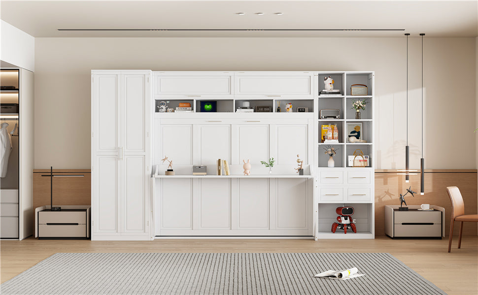 Queen Size Murphy Bed Wall Bed with Closet , Drawers and Shelves, White