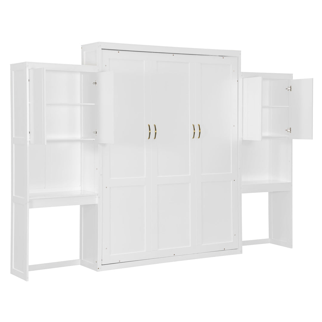 Queen Size Murphy Bed with Desk, Vanity and Cabinets, White