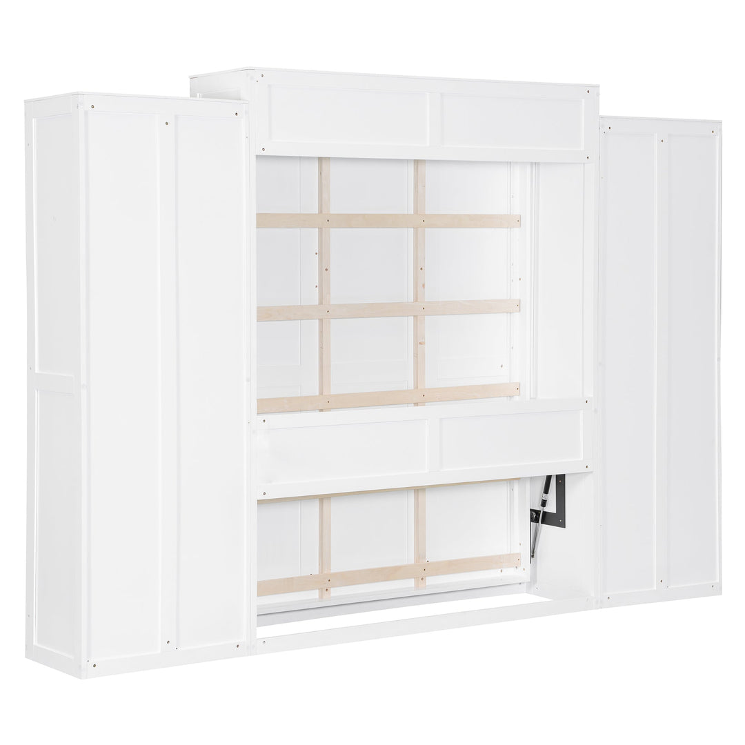 Queen Size Murphy Bed Wall Bed with Closet ,Drawers and Table,White