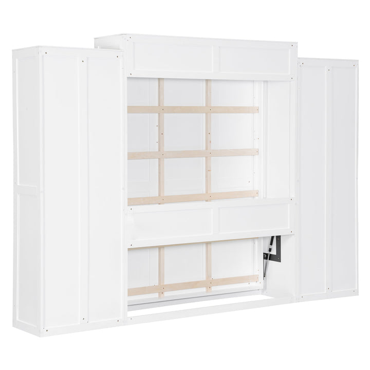 Queen Size Murphy Bed Wall Bed with Closet ,Drawers and Table,White