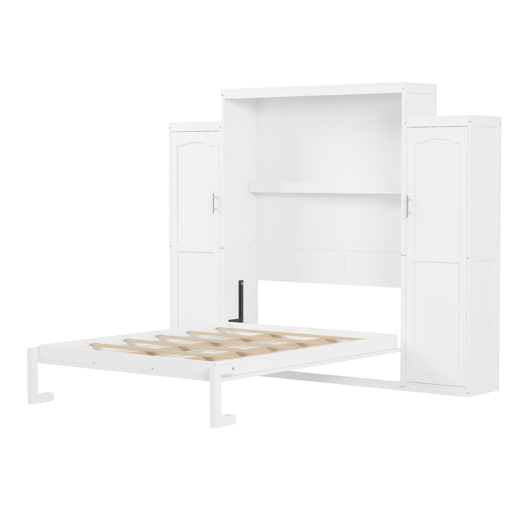 Queen Size Murphy Bed with 2 Wardrobe and Storage Shelf, Multifunctional Foldable Platform Bedframe for Guest-Room, Bedroom, White