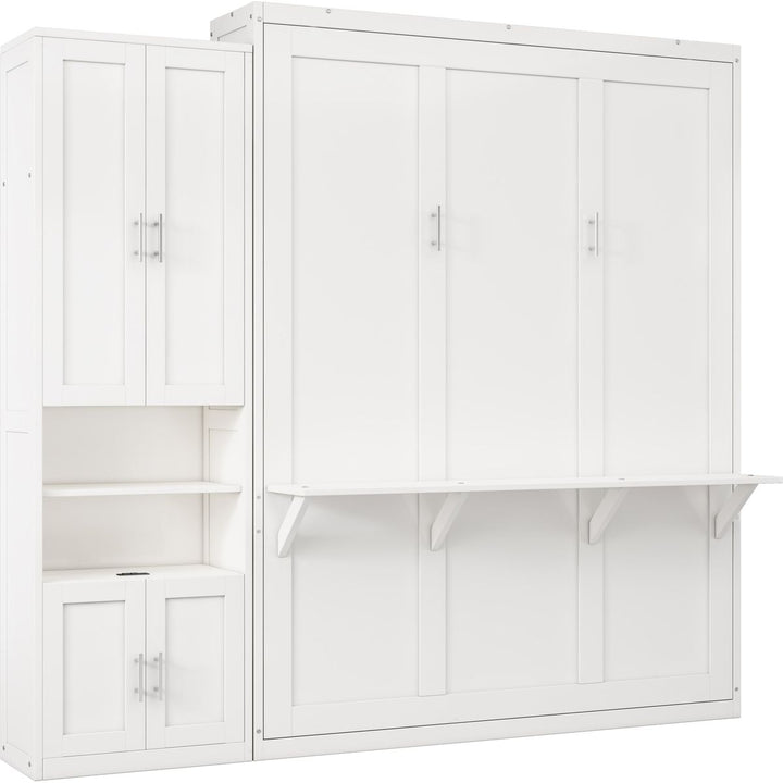 Full Size Murphy Bed with 1 Side Cabinet Storage Shelf, 61.5-inch Cabinet Bed Folding Wall Bed with Desk Combo Perfect for Guest Room,Study, Office,White(old sku:BS7012008109C)