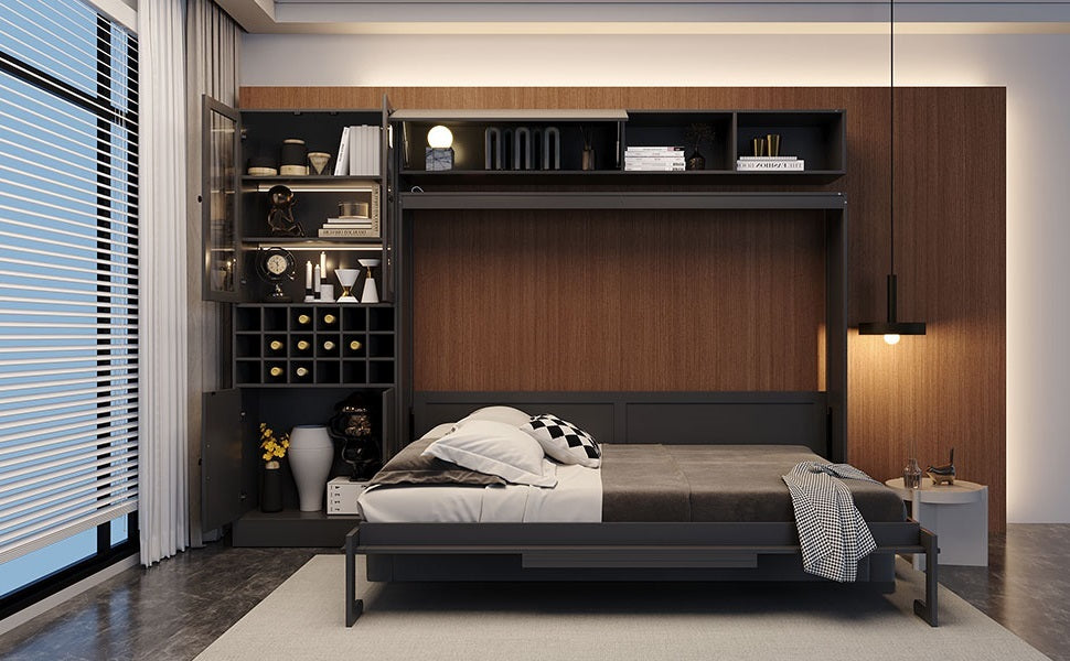Queen Size Murphy Bed Wall Bed with Sofa , Shelves USB & Light ,Gray