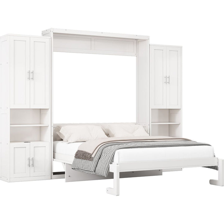 Full Size Murphy Bed with 2 Side Cabinet Storage Shelves, 61.5-inch Cabinet Bed Folding Wall Bed with Desk Combo Perfect for Guest Room, Study, Office,White(old sku:BS7013008109C)