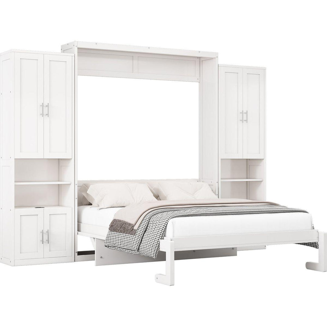 Queen Size Murphy Bed with 2 Side Cabinet Storage Shelves, 68-inch Cabinet Bed Folding Wall Bed with Desk Combo Perfect for Guest Room, Study, Office,White(old sku:BS7013008104C)