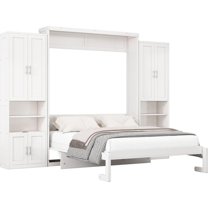 Queen Size Murphy Bed with 2 Side Cabinet Storage Shelves, 68-inch Cabinet Bed Folding Wall Bed with Desk Combo Perfect for Guest Room, Study, Office,White(old sku:BS7013008104C)