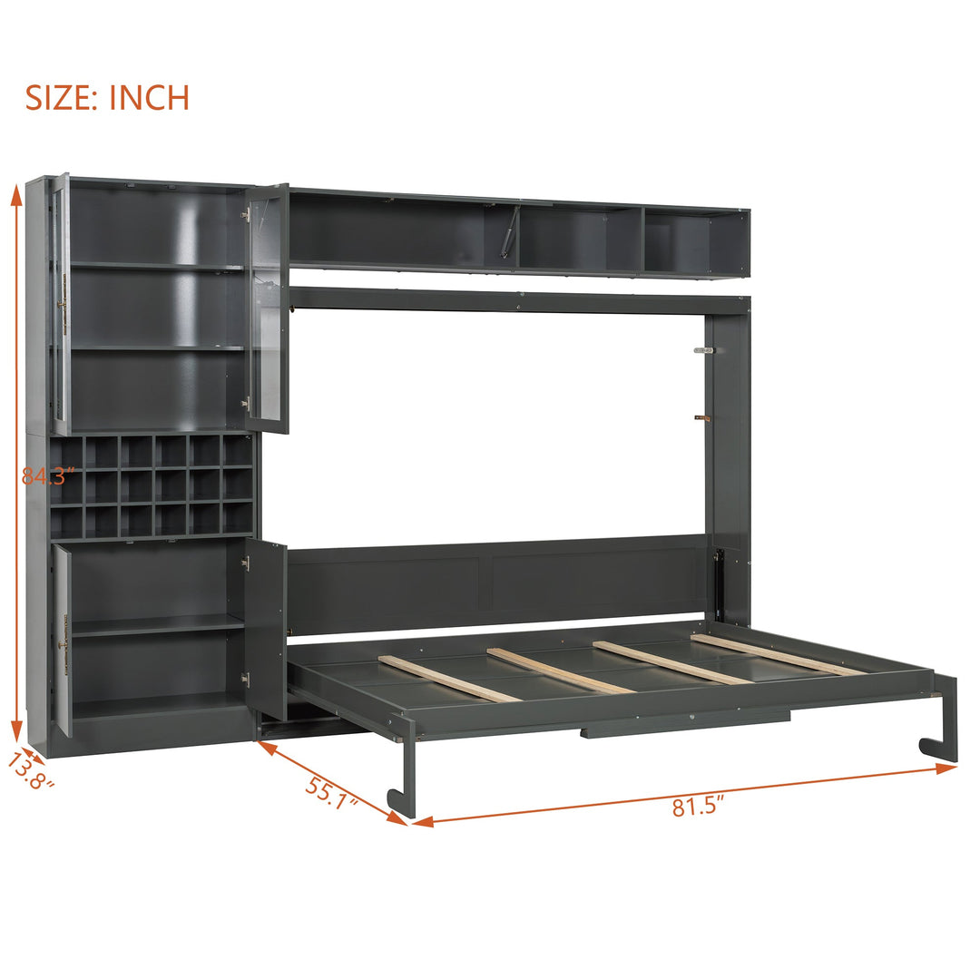 Queen Size Murphy Bed Wall Bed with Sofa , Shelves USB & Light ,Gray