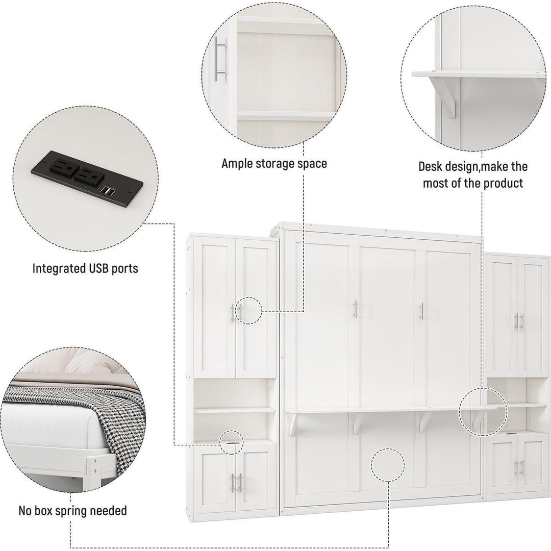 Queen Size Murphy Bed with 2 Side Cabinet Storage Shelves, 68-inch Cabinet Bed Folding Wall Bed with Desk Combo Perfect for Guest Room, Study, Office,White(old sku:BS7013008104C)