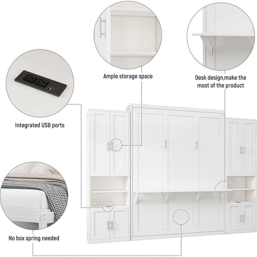 Full Size Murphy Bed with 2 Side Cabinet Storage Shelves, 61.5-inch Cabinet Bed Folding Wall Bed with Desk Combo Perfect for Guest Room, Study, Office,White(old sku:BS7013008109C)