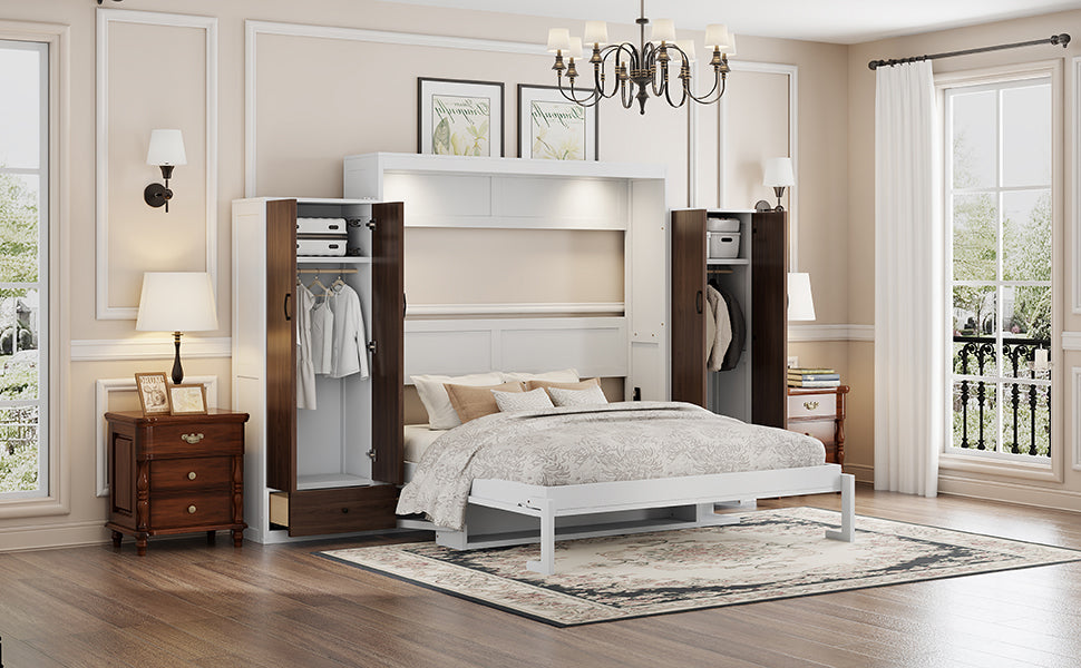 Queen Size Murphy Bed Wall Bed with Closet ,Drawers and Table,White