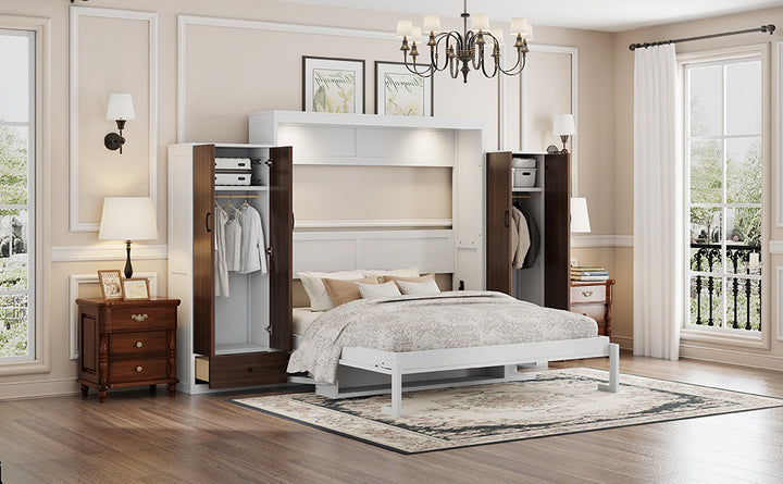 Queen Size Murphy Bed Wall Bed with Closet ,Drawers and Table,White
