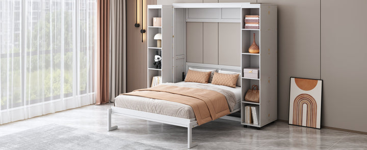 Queen Murphy Bed Wall Bed with Storage Doors, White