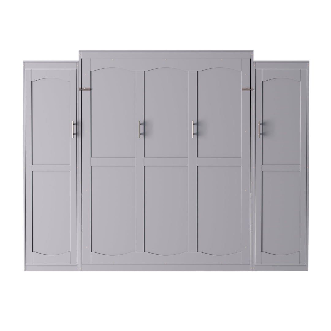 Full Size Murphy Bed, Wooden Full Wall Bed with 2 Wardrobe and Storage Shelf, Multifunctional Foldable Platform Bedframe for Guest-Room, Bedroom, Gray