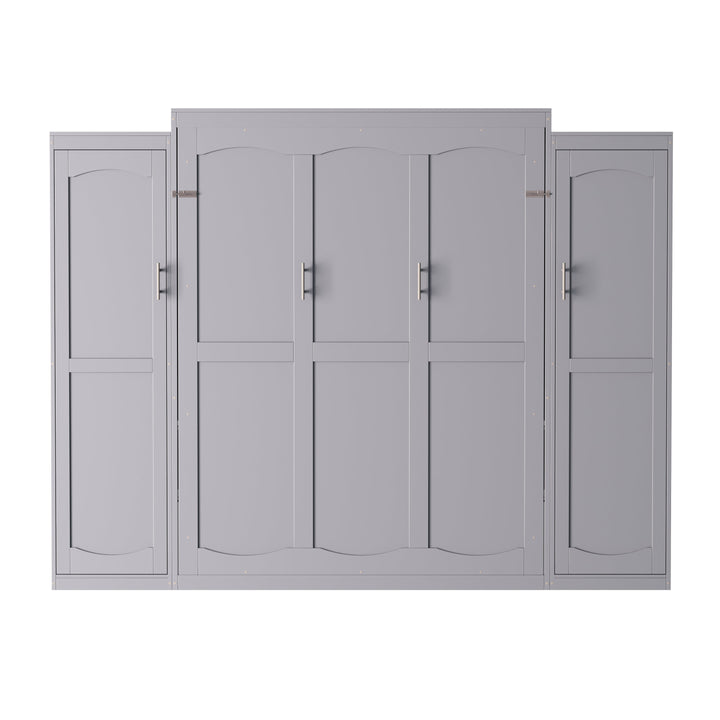 Full Size Murphy Bed, Wooden Full Wall Bed with 2 Wardrobe and Storage Shelf, Multifunctional Foldable Platform Bedframe for Guest-Room, Bedroom, Gray