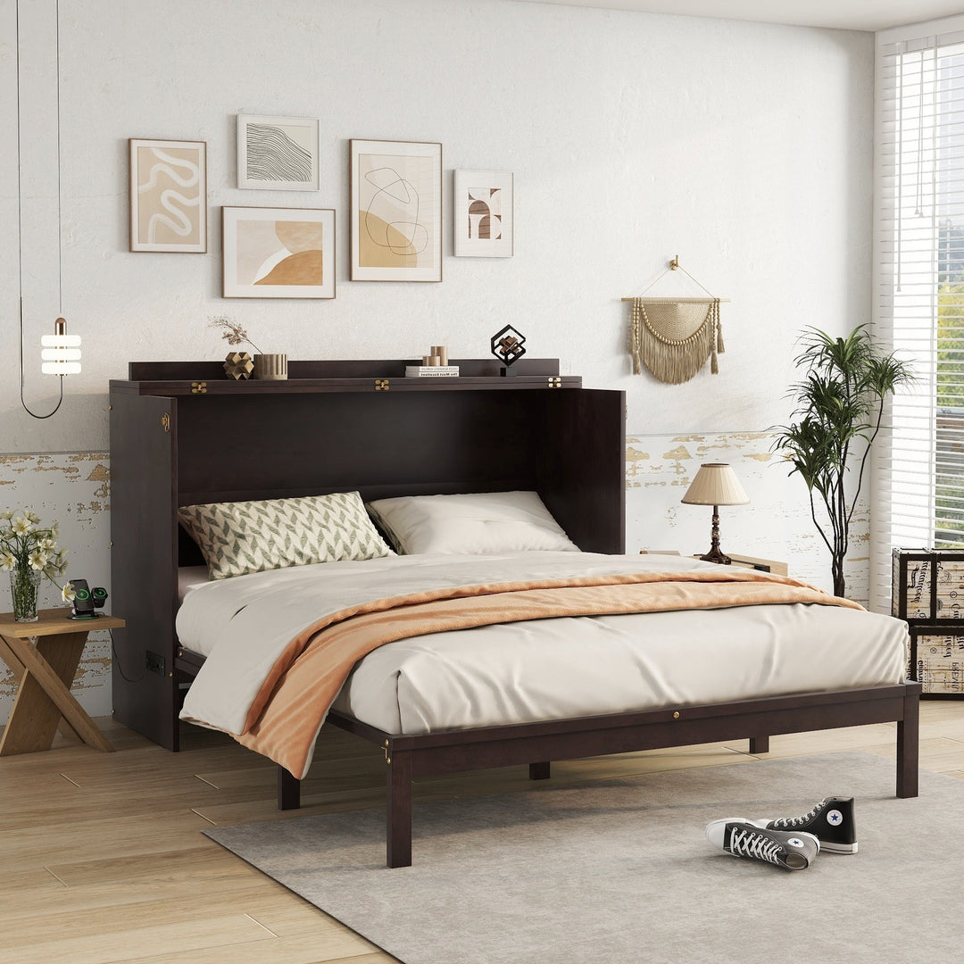 Queen Size Murphy Bed, Pine Wood Cabinet Bed with Power Station and Rattan Decoration Panel,Espresso