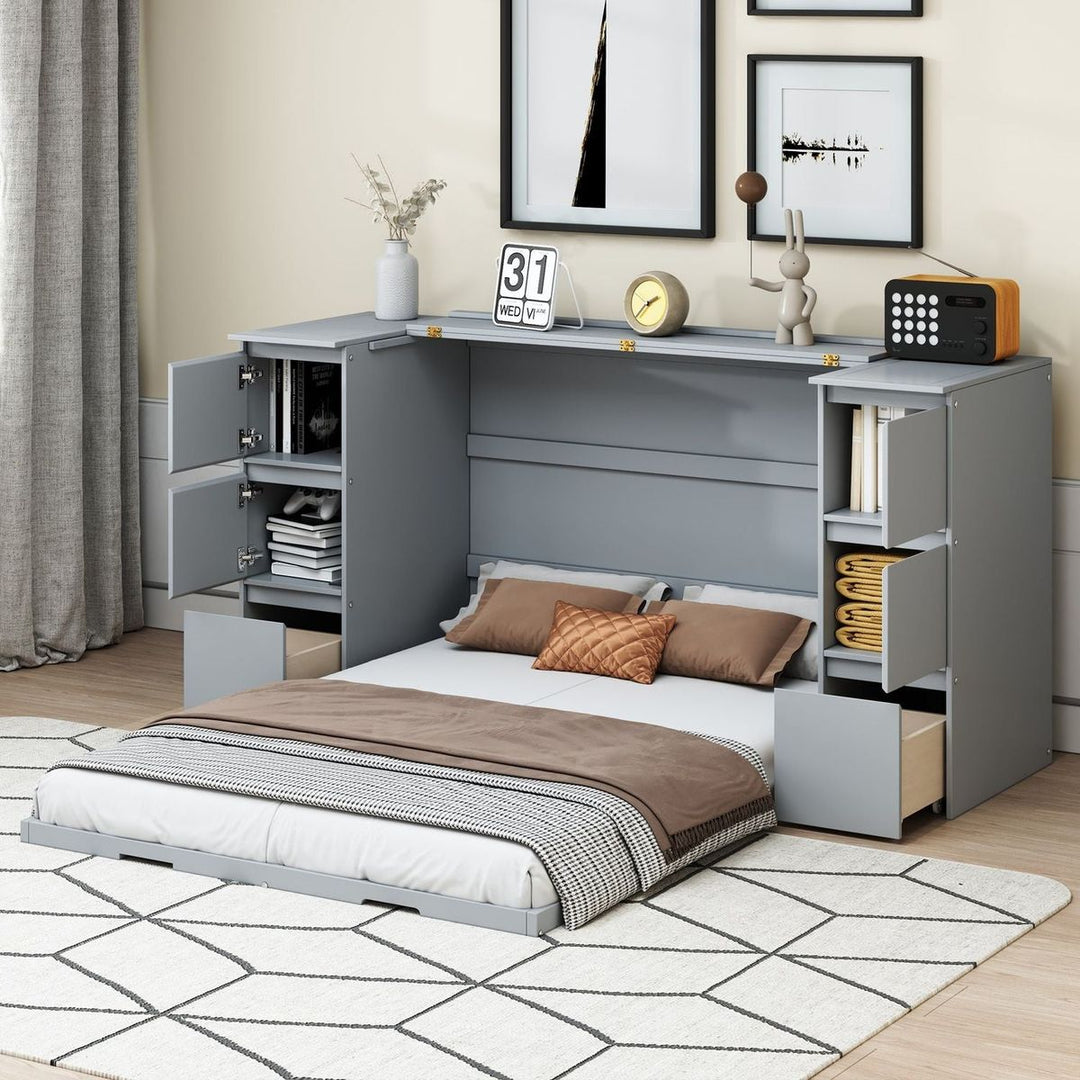 Full Size Murphy Bed with Drawers, Cabinets and USB Ports,Gray