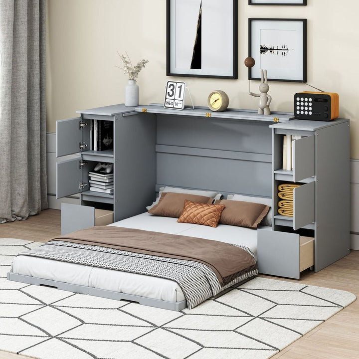Full Size Murphy Bed with Drawers, Cabinets and USB Ports,Gray