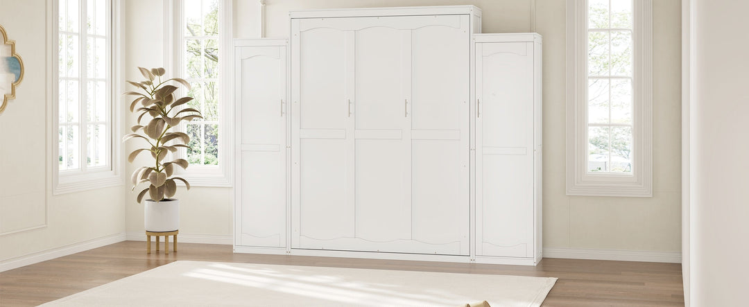 Queen Size Murphy Bed with 2 Wardrobe and Storage Shelf, Multifunctional Foldable Platform Bedframe for Guest-Room, Bedroom, White