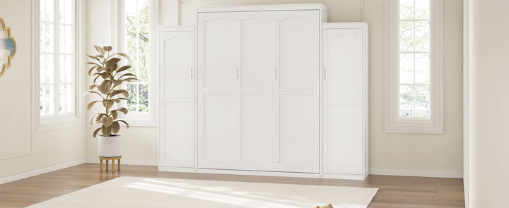 Queen Size Murphy Bed with 2 Wardrobe and Storage Shelf, Multifunctional Foldable Platform Bedframe for Guest-Room, Bedroom, White