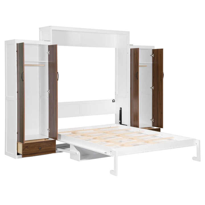 Full Size Murphy Bed Wall Bed with Closet ,Drawers and Table,White