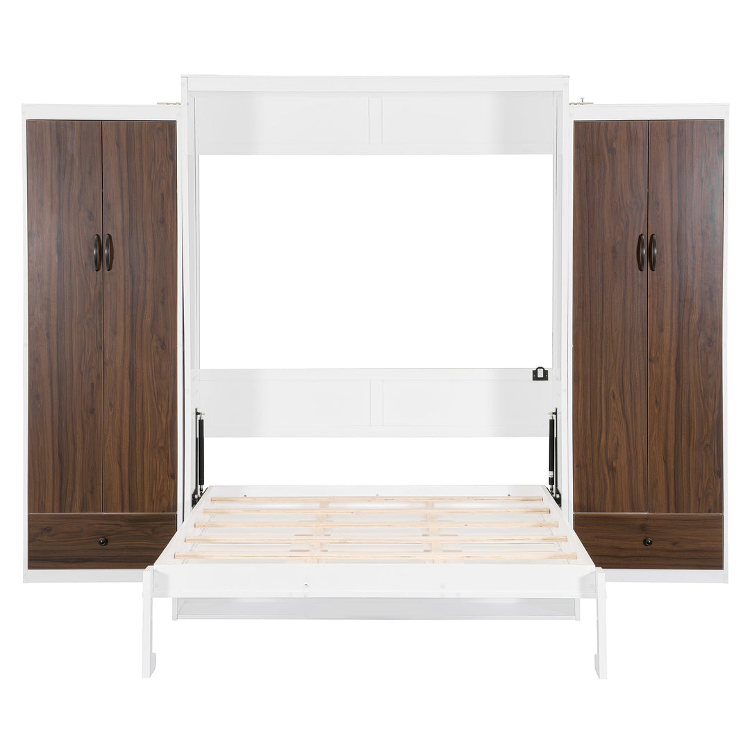 Queen Size Murphy Bed Wall Bed with Closet ,Drawers and Table,White