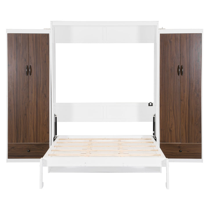 Queen Size Murphy Bed Wall Bed with Closet ,Drawers and Table,White