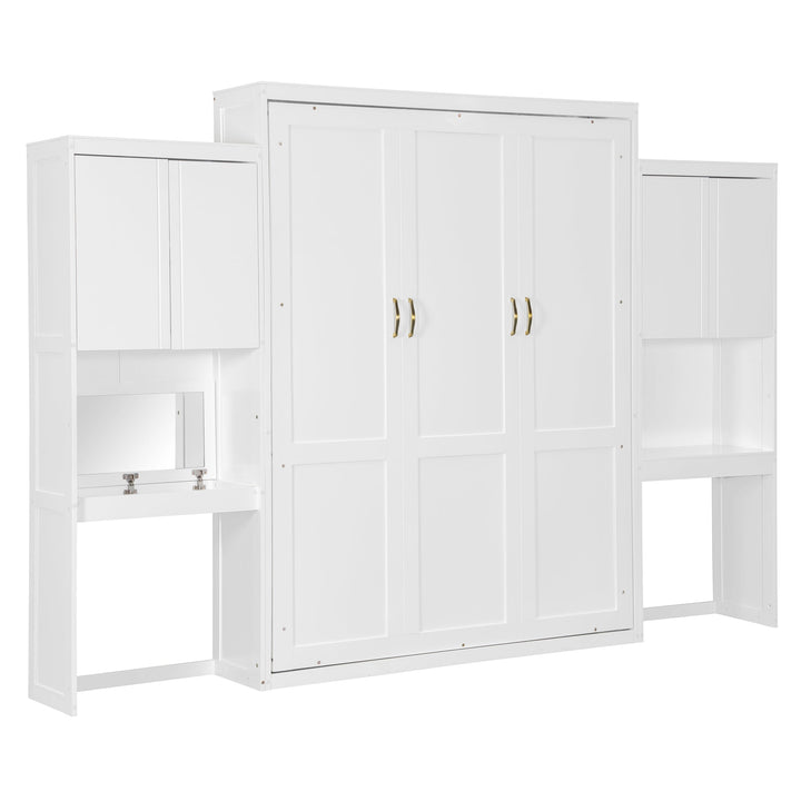 Queen Size Murphy Bed with Desk, Vanity and Cabinets, White