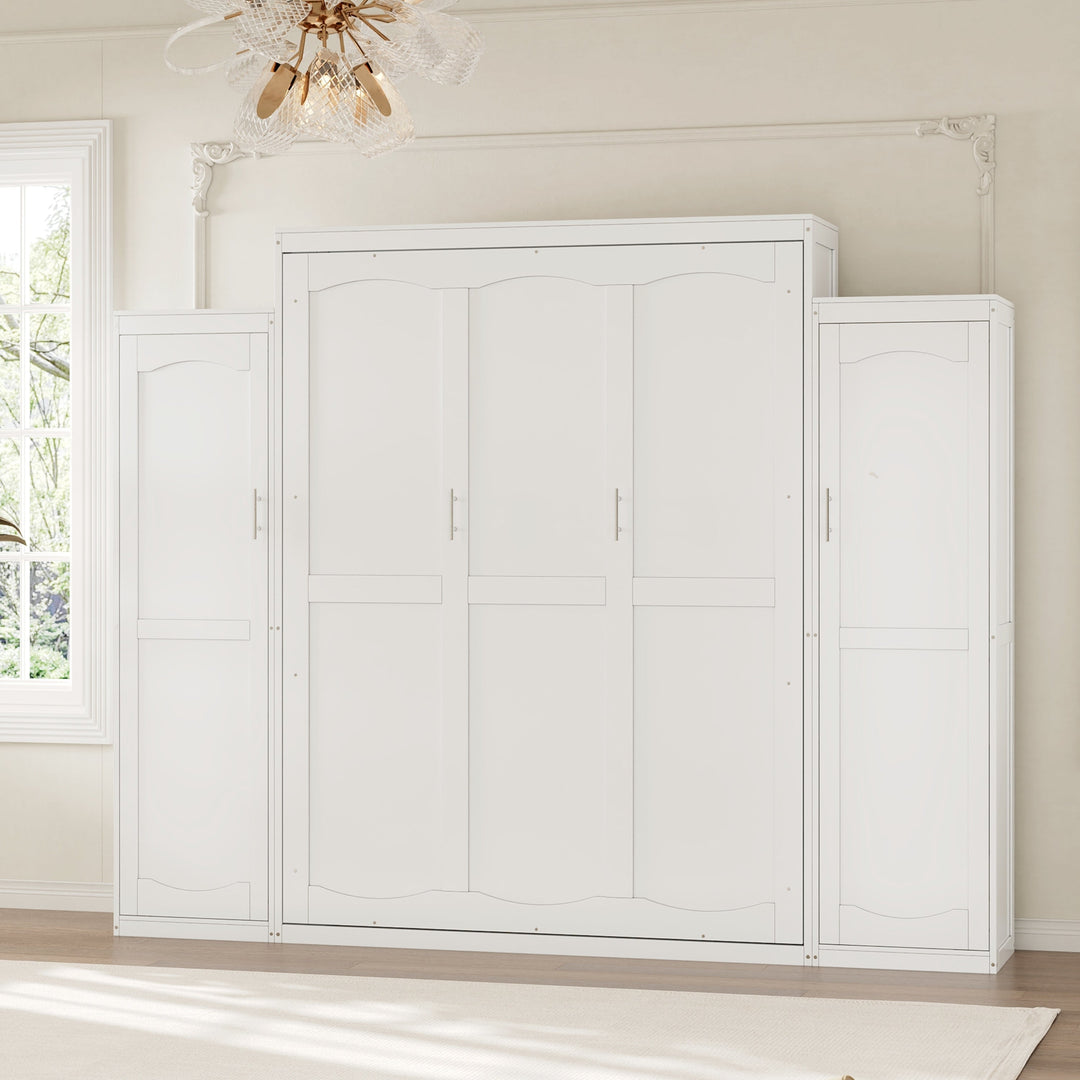 Queen Size Murphy Bed with 2 Wardrobe and Storage Shelf, Multifunctional Foldable Platform Bedframe for Guest-Room, Bedroom, White